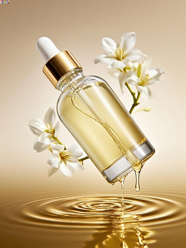 鎏金风与液态风交织，3D质感瓶身悬浮于水面，清透油滴轻落涟漪，白花点缀，光影流动间尽显奢华优雅与唯美感。