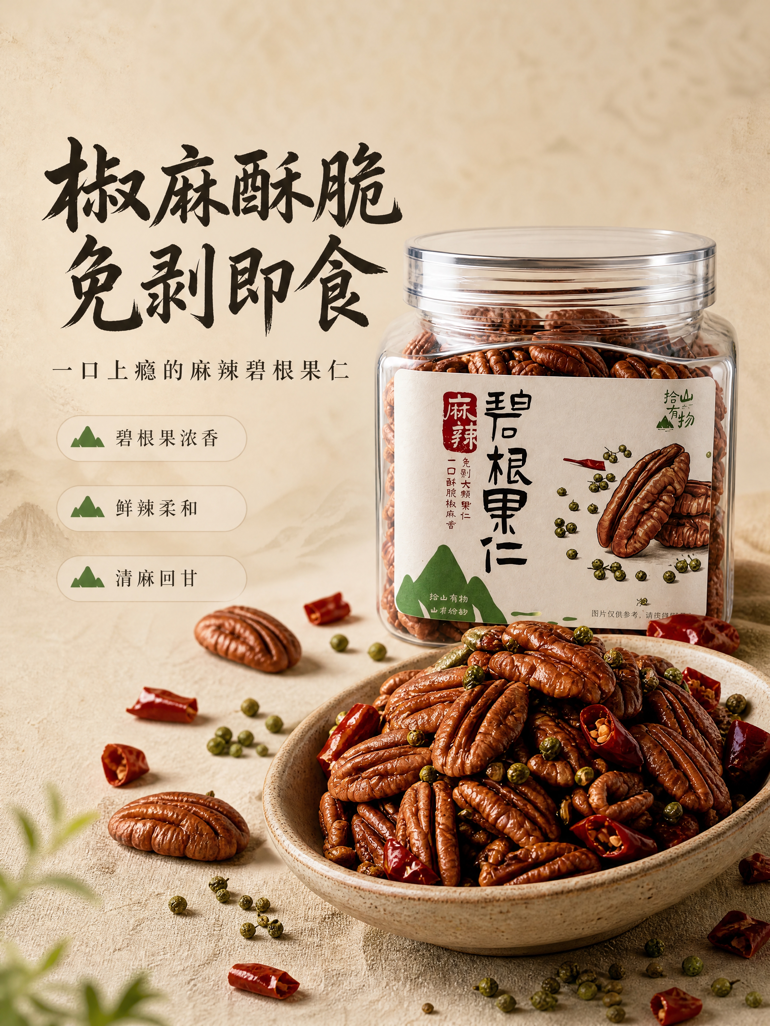 [商品] 使用【图1】拾山有物麻辣碧根果仁透明方罐；保留罐体形… - 图片创意预览