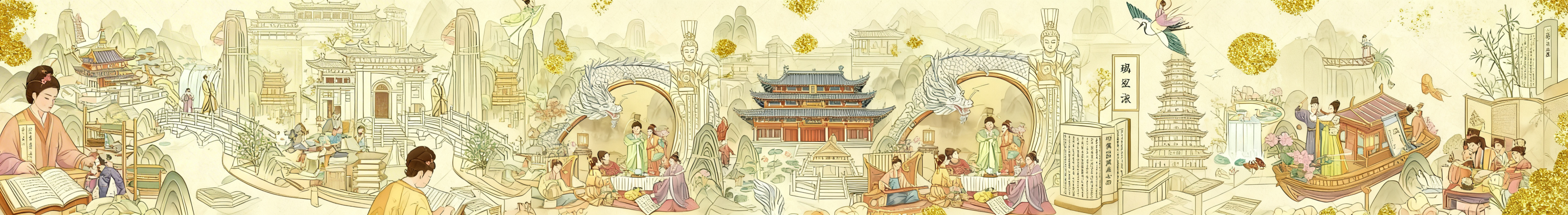 中国风极繁主义矢量插画长卷，以中国古代经典建筑为核心，展现古代建筑学家的工匠精神、卓越贡献与传承意义，融入对应著作与代表性建筑，人物与场景自然融合富有故事性，轮廓动态流畅，整体疏密有致，结构复杂精美且预览效果