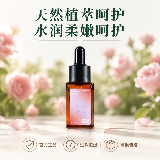 [主图-5] 悦柔植萃私密护理精华油品牌信任与服务图
[氛围风格] 杂志风高级感，干净简约
[画质] 商业摄影质感，高级通透
[元素] 背景为柔焦虚化的玫瑰花园浅景深效果，产品放在画面中心偏下位置，保预览效果