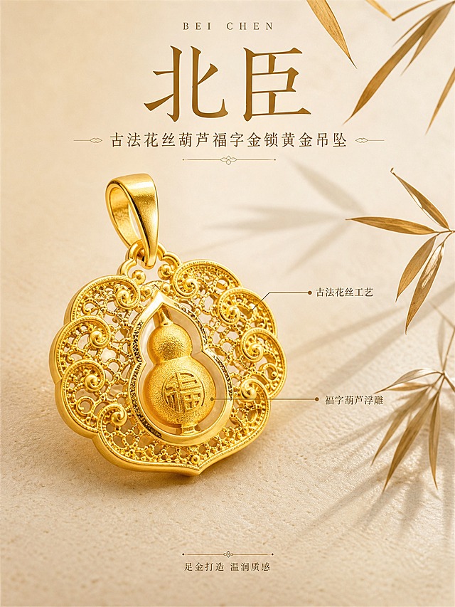 [主图-2] 北臣古法花丝葫芦福字金锁黄金吊坠 核心亮点 古法花丝工艺与足金材质展示。
[统一基调] 整体风格为国风轻奢高级珠宝风，背景主色为香槟金渐变浅米色，标题字色为深金色，辅助字色为暖棕色，强调色为哑光金，字体样式为纤细宋体与书法感标题结合，字号层级分明，卡片与边框采用细金线描边，整体精致克制高透光。
[画面] 产品占据画面主体约65%，采用45度斜侧微距视角，重点展示金锁侧面的花丝镂空工艺细节与葫芦福字的立体浮雕质感；背景为浅米色哑光岩板质感，右侧放置一支干枯的金色竹枝作为国风装饰元素，竹叶剪影隐约投射在背景上；画面右侧用细金线引出两条标注线，分别指向花丝镂空处与葫芦福字处，标注文字分别为"古法花丝工艺"与"福字葫芦浮雕"；底部放置小号说明文字"足金打造 温润质感"。
[光影质感] 商业珠宝微距摄影质感，柔光箱主光从正面偏上打下，金属表面形成细腻高光，花丝缝隙间有柔和阴影突出层次感，葫芦福字浮雕边缘有清晰轮廓光，足金材质呈现温润哑光与亮面结合的质感，整体光影干净有层次。
[配色] 背景浅米色岩板，产品足金色，标注线与文字深金色，竹枝金棕色，整体暖调统一。
[文字版式] 右侧引线标注文字为小号纤细宋体，底部说明文字更小一号，文字均放在右侧与底部负空间，不遮挡产品主体工艺细节；标题字最大最粗，辅助文字缩小50%以上。
[输出要求] 比例3:4，文字清晰可读，产品微距细节清晰，花丝纹理锐利；负向：变形、错字、模糊、杂乱、水印、平台Logo、塑料感高光、产品悬浮、边缘硬切、脏点划痕。