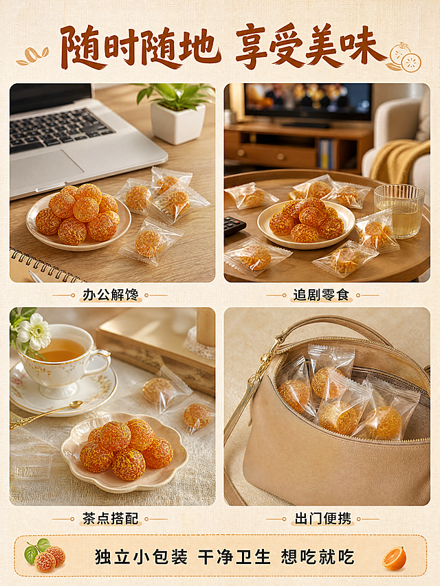 [商品] 使用【图1】甘草金桔果脯蜜饯；保留独立透明塑封包装形态、琥珀橙红色泽、表面甘草粉纹理；产品外观与输入图完全一致。
[画面] 页面目标：场景种草，展示日常食用时刻与便携性。构图采用场景拼图型版式，2×2四张圆角卡片场景图，占画面约70%。左上：办公桌面场景，电脑旁放一小碟金桔和几袋独立包装；右上：居家追剧场景，沙发旁茶几上的零食盘配金桔；左下：下午茶场景，茶杯旁的精致小碟盛金桔；右下：外出便携场景，手提包里露出几袋独立小包装。每张场景图中金桔和包装都清晰可见。底部约20%为文案区。
[视觉] 套系策略：风格=暖调传统手作零食商业摄影；标题字=粗黑体带轻微手写笔触感；正文字=简洁黑体；主色=琥珀橙红+暖米杏；背景延展=基于暖米杏做深浅层级、亚麻布纹理、竹编木质元素；强调色=深橙棕色，仅用于小面积图标、引线和标签；标题色=深橙棕色；正文色=暖深灰；组件=圆角浅橙信息卡、细线引线、甘草金桔小图标；光影=每个场景均为自然暖光，生活感真实，光线统一。
[文字] 顶部居中主标题"随时随地 享受美味"，深橙棕色大字号。四张场景图下方分别配小字标签："办公解馋"、"追剧零食"、"茶点搭配"、"出门便携"，暖深灰色。底部一行总结文案"独立小包装 干净卫生 想吃就吃"。文字全部横排，分层清晰。
[规格] 图片比例3:4竖版，4K，避免变形、错字、文字过小、冷蓝背景、场景不自然、包装形态失真、水印、平台Logo。