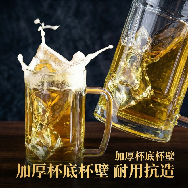 根据这张主图帮我生成一套电商主图吧，要求更改背景，风格相同，体现出来带手柄方便，加厚杯底加厚杯壁，330毫升黄金容量预览效果
