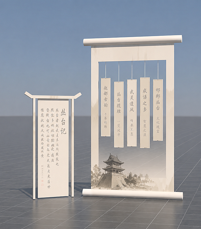参考原图新中式卷轴展架风格，画面内容换成邯郸丛台公园主题，国风极简3D设计，展示邯郸丛台文化主题卷轴书法，浅米色卷轴搭配浅灰色文字，浅灰色背景地面和蓝天，延续原图风格