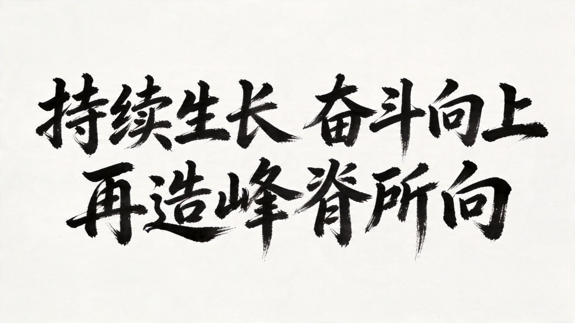 干净的纯白色背景。
平面艺术字体设计，八个字"持续生长 奋斗向上 再造峰脊所向"，所有文字单行横向排列，行书书法字体，毛笔书写一气呵成，笔势行云流水充满张力，带有飞白枯笔和自然的墨色晕染，浓墨黑色字体预览效果