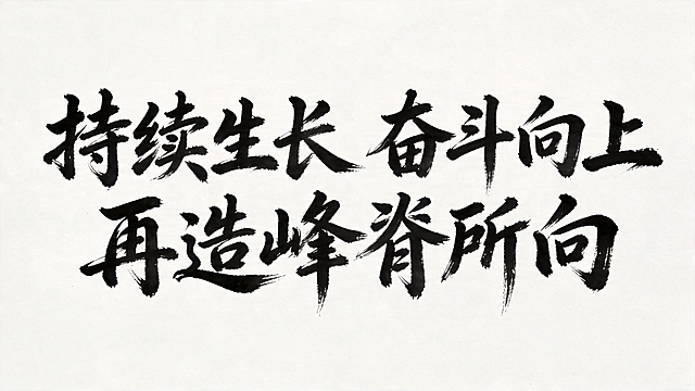 干净的纯白色背景。
平面艺术字体设计，八个字"持续生长 奋斗向上 再造峰脊所向"，所有文字单行横向排列，行书书法字体，毛笔书写一气呵成，笔势行云流水充满张力，带有飞白枯笔和自然的墨色晕染，浓墨黑色字体，字体结构舒展有力，体现生长向上的奋进气势。
仅包含这十二个字："持续生长"、"奋斗向上"、"再造峰脊所向"，不得增加、遗漏或替换任何一个字。
文字整体必须完整呈现在画面内不可被裁切，四周留有安全边距。
比例16:9