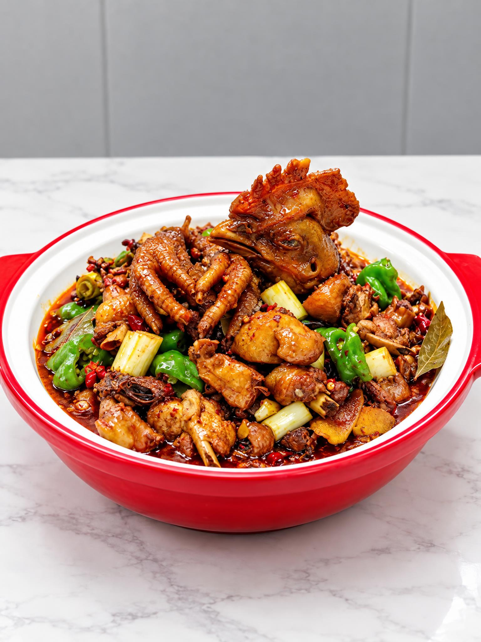 基于参考图中的红烧土鸡菜品，生成平视角度的美食摄影图，保持鸡肉… - 图片创意预览