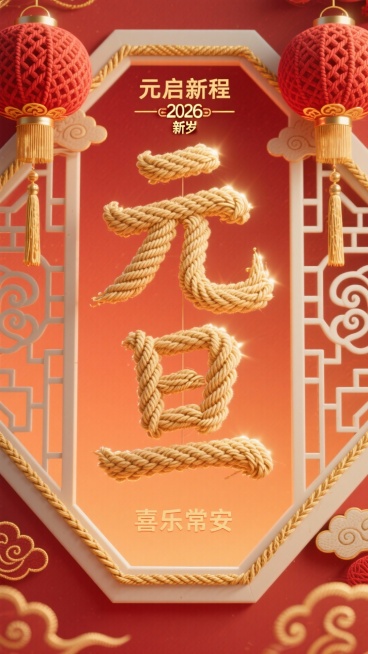 风格调性：毛线装饰艺术融合传统新年窗花美学，突出毛线编织的软糯纹理与温暖质感，整体氛围温馨雅致，兼具传统韵味与细腻触感；画面整体配色 / 色调：背景为暖橙红渐变主色，金色（毛线 “元旦” 字）、红色（预览效果