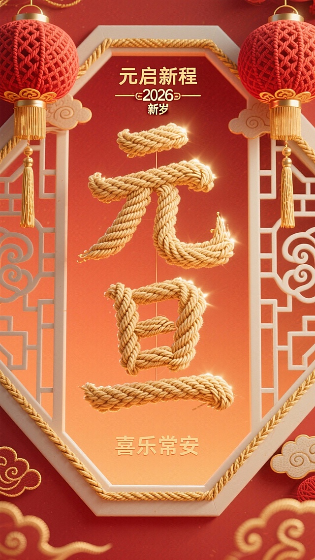 3D绳结肌理字体呈现“元旦”，融合中式窗格与红灯笼，浮雕质感强化喜庆氛围，传递2026新岁吉祥祝福。