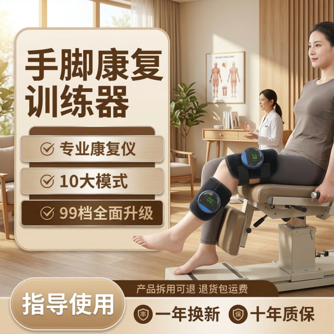 保持康复训练产品外观不变，保持产品在模特身上的位置不变，修改模特腿部为坐姿下垂放松的康复动作，将背景更换为采光良好的康复中心咨询室，保留所有卖点文字内容不变，修改文字颜色为棕色，更换文字框架模板为圆角预览效果