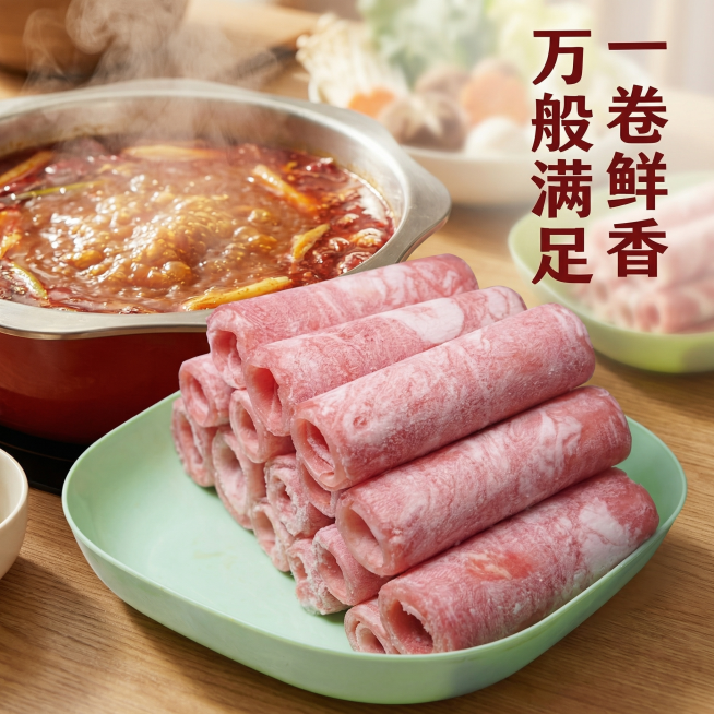 [主图 4] 风味牛肉卷美食场景体验
[氛围/风格] 冬日火锅场景，温暖氛围感，自然顶光，热气腾腾，增强食欲感。
[画面元素] 保留原图牛肉卷的外观纹理，牛肉卷放置在火锅旁的干净餐盘内，背景虚化呈现冒预览效果