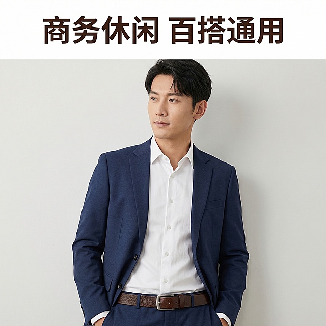 [垫图] https://gdesign-dam-hz.dancf.com/35922003155604590/9d2ae19cc9904882bb275bdb81c16806.jpg
[主图主题] 棕色头层牛皮男士皮带 模特上身展示
[氛围/风格] 日常简约，松弛高级感
[画面元素] 亚洲男性模特（身材匀称，身着藏青色休闲西装和白色衬衫），自然站立，棕色皮带系在腰间，展示皮带佩戴效果，背景为干净浅灰色纯色墙，自然柔和光影，模特半身展示，皮带完整呈现，背景铺满全屏无边框
[配色色系] 主色调：棕色皮带，藏青西装，白色衬衫；辅助色：浅灰背景
[视角构图] 平视拍摄，中景构图，皮带为视觉焦点
[文字版式] 顶部文案 "商务休闲 百搭通用"，字体为无衬线粗体，深棕色文字，放置顶部留白，不遮挡皮带和模特，排版简洁通透
[分辨率] 2k