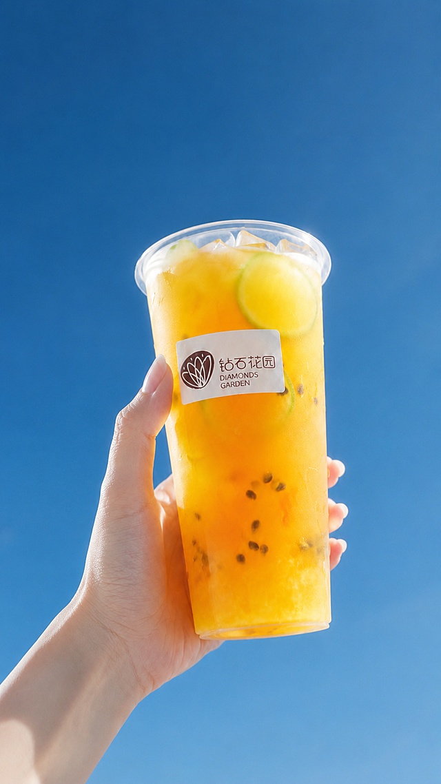 饮品杯严格参照图中钻石花园百香果饮品，完整保留杯型、logo贴纸、橙黄色液体、青柠片、冰块、百香果籽等所有细节，与原图完全一致。
背景替换为纯净深邃的深蓝色天空，接近图1图2的蓝天色调，天空干净无云或仅有极淡云丝，颜色饱和度更高更纯净，微调后更通透有质感。
中国年轻女性手持饮品杯，手部姿态微调，拇指位置略微上移，手指更纤细修长，指甲为自然裸粉色椭圆形，手部角度轻微偏转，整体更优雅自然。
柔和侧逆光，细腻液体质感，通透光影，胶片质感，柔和阴影，简约留白，浅景深。商业美食摄影，高清8K质感。