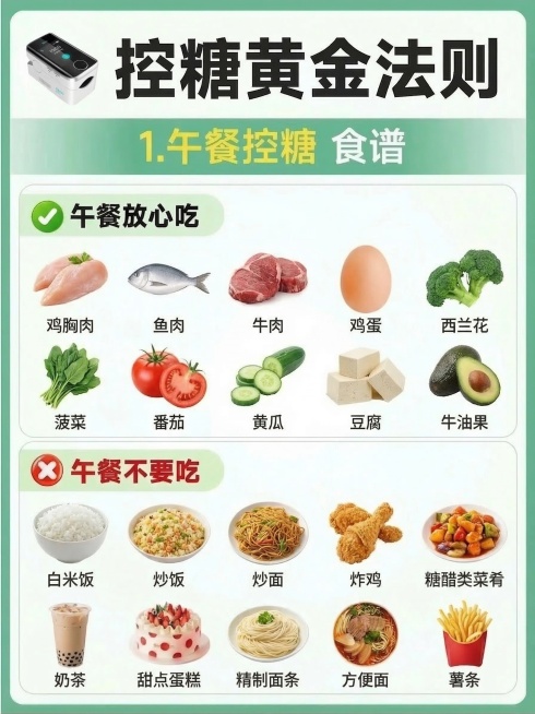 基于原图修改，将标题改为1.午餐控糖食谱，将早餐放心吃改为午餐放心吃，对应的放心吃食物修改为：鸡胸肉、鱼肉、牛肉、鸡蛋、西兰花、菠菜、番茄、黄瓜、豆腐、牛油果。将早餐不要吃改为午餐不要吃，对应的不要吃预览效果