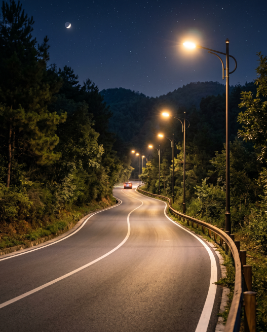 夜景照明场景图，户外道路场景，夜晚路灯点亮，高亮照明效果清晰明亮，道路清晰被照亮，真实户外摄影氛围，自然场景，体现路灯高亮照明效果，高清质感预览效果