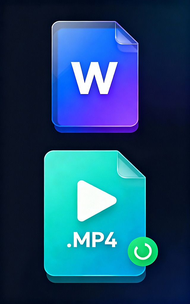 两张卡片式图标，上方卡片为蓝紫色渐变背景，中央有白色"W"字样的文档图标，图标边缘有半透明玻璃质感和轻微阴影；下方卡片为青绿色渐变背景，中央有白色播放箭头和".MP4"文字的视频图标，图标右侧有绿色圆形刷新符号，整体风格保持简洁现代，光影柔和，具有相同的半透明玻璃材质和渐变色调