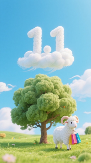 草地，树，白羊提着购物袋，背景天空上有巨大用云朵组成的数字“1.1”预览效果