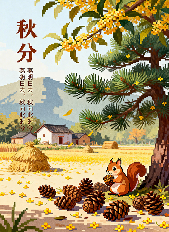 像素风格，秋分节气插画海报，近景桂花树和松树，松树下掉下了很多松果，一只小松鼠抱着松果，远景乡村房屋、丰收草堆，桂花飘落满地，远处是山的影子。画面包含竖向排版艺术字体标题"秋分"，副标题"燕将明日去，秋向此时分"，高清画质，细腻笔触，8K超清分辨率