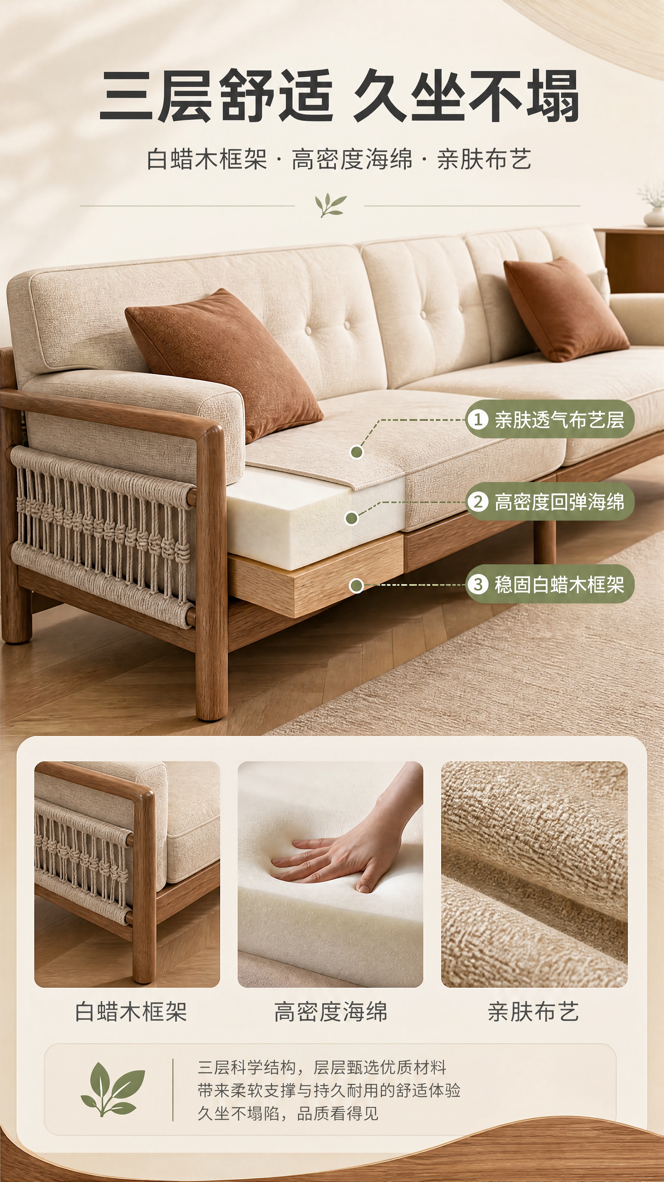 [商品] 使用【图1】三人位布艺沙发；保留白蜡木实木框架、米色… - 图片创意预览