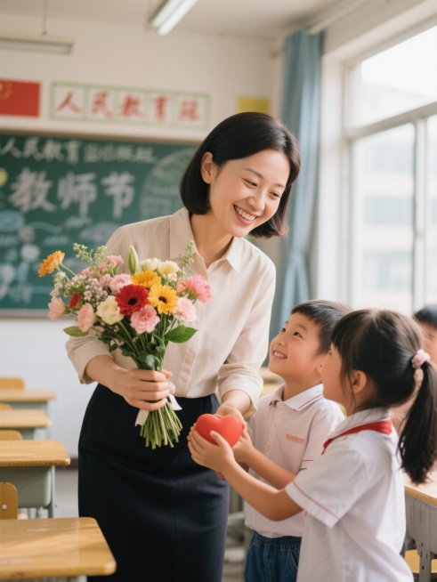 庆祝教师节，学校背景，老师手持鲜花幸福微笑，孩子与老师在爱中互动，人民教育出版社风格，温馨治愈，充满教育氛围预览效果