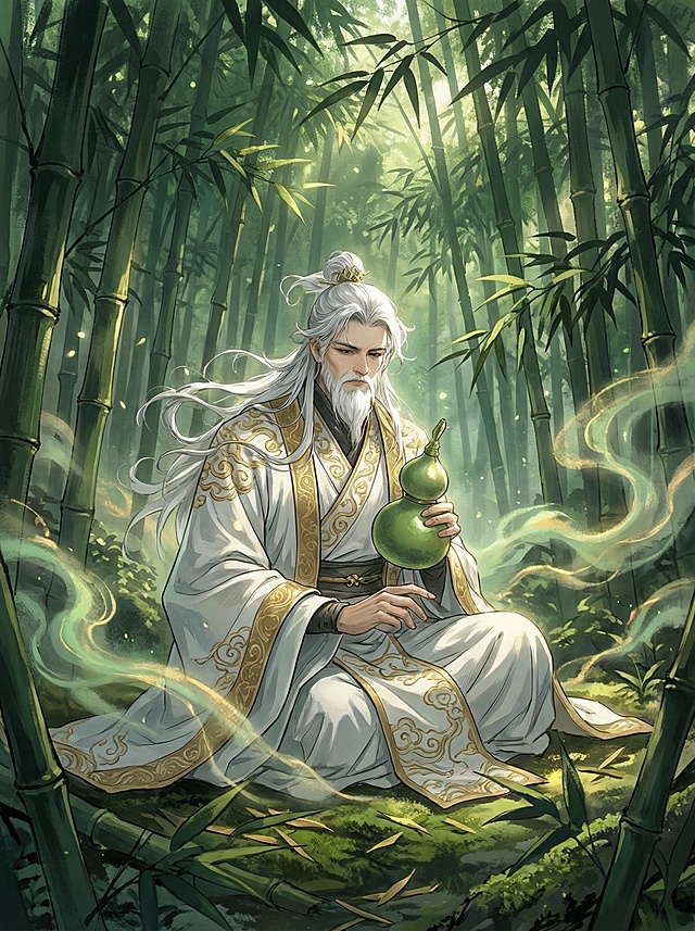 古风男子竹林场景融合白衣金纹禅意融墨绿仙气