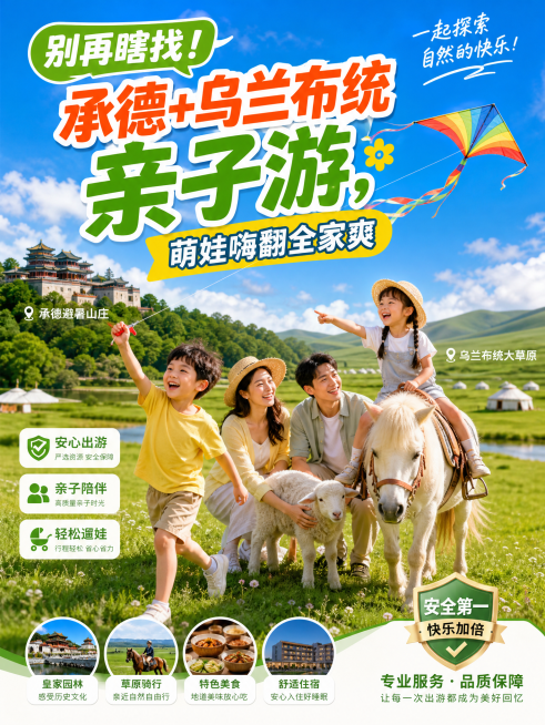 别再瞎找！承德 + 乌兰布统亲子游，萌娃嗨翻全家爽 宝妈宝爸们看过来👀！还在为带娃去哪儿玩愁破头？这条承德与乌兰布统串连的路线，简直是亲子游的梦幻之选，错过真会后悔到跺脚！ 选择包车出行，把规划和换预览效果