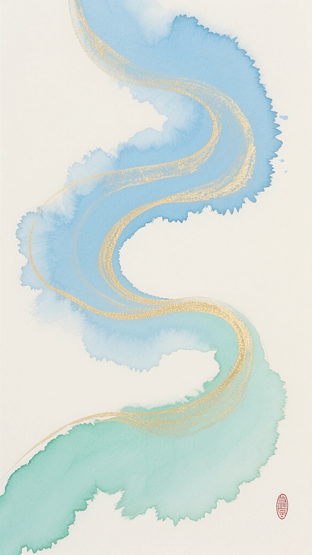 一幅水彩风格的抽象艺术画作，以柔和的天蓝色和清新的薄荷绿为主色调，金色的流线型纹理在其中蜿蜒流淌，形成优雅的动态曲线。画面整体呈现出轻盈、通透的质感，色彩过渡自然柔和，边缘带有水彩特有的晕染效果。背景为纯净的米白色，右下角有一个红色的印章式小标记，整体构图简约而富有诗意，营造出宁静而灵动的氛围。