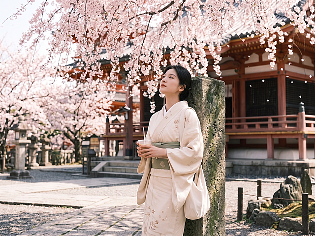 樱花纷飞的古寺庭院，女子身着和服倚石而立，柔光洒落，浮世绘风与水墨意境交融，胶片质感中透出清新浪漫的东亚古典美学。