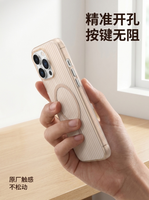 [主图 4] 安装使用佩戴展示图。[氛围风格] 生活化科技场景，自然真实。[画质] 商业摄影质感，高清写实，自然通透。[元素] 一只手拿着装好本款手机壳的苹果Pro手机，展示手机壳上机后的整体效果，保预览效果
