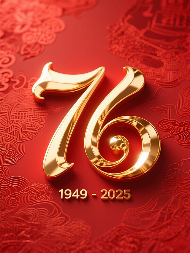 鎏金浮雕风数字“76”，融合中式纹样与3D重拟物设计，红金配色彰显喜庆奢华，致敬1949-2025国庆盛典。