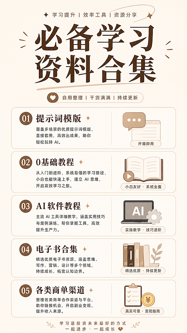 简约知识分享小红书图文，浅米色背景，标题大字：必备学习资料合集，内容介绍五类配套学习资源：提示词模版、0基础教程、AI软件教程、电子书合集、各类商单渠道，无水印无错别字，竖版排版清晰，适合小红书发布