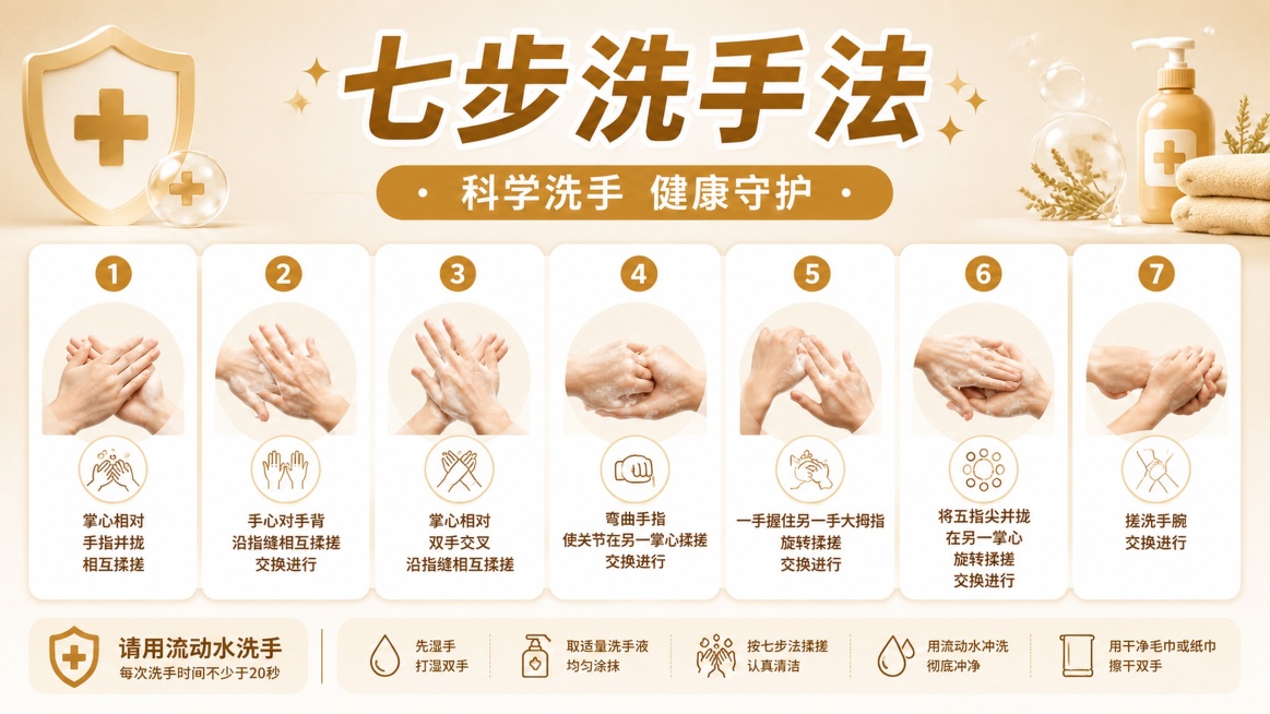 保留原海报全部七步洗手法图文内容、版式结构，将整体主色调从香芋紫修改为金咖色，背景、文字、图标和装饰全部替换为金咖色系，文字依然清晰可读，保持简约干净医疗风预览效果