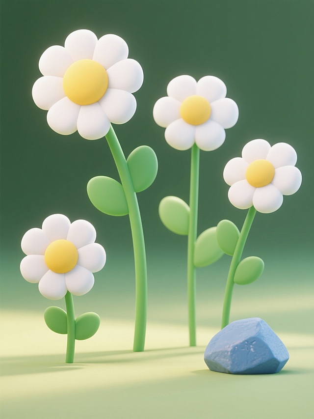 一组4个具有不同配色和样式的3D材质可爱元素，采用干净风格设计，符合现实逻辑，适合作为素材使用。元素包括大小不一的花朵，每朵花都有黄色的圆形花心和白色的花瓣，绿色的茎和叶子，以及一个蓝色的小石块，整体布局自然和谐，色彩明快清新，光影效果柔和，呈现出立体感和真实质感。