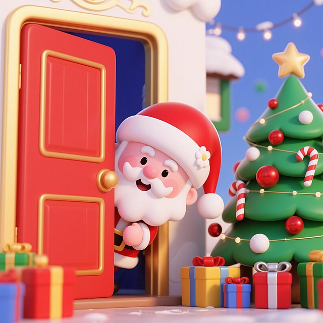 生成一张充满圣诞氛围的可爱风格图片～ 画面里是个 Q 版的圣诞老人：戴着红底白绒边的圣诞帽，白花花的大胡子卷卷的，脸颊粉扑扑的，正从红色带金边装饰的门后探出头来，表情看起来很开心。 背景能看到一棵装饰好的圣诞树，挂着星星、红白球、糖果棒这些圣诞饰品，树下还有几个彩色礼物盒（红黄、红绿、蓝银配色），整体色调温暖鲜艳，满满都是圣诞节的温馨和可爱感～