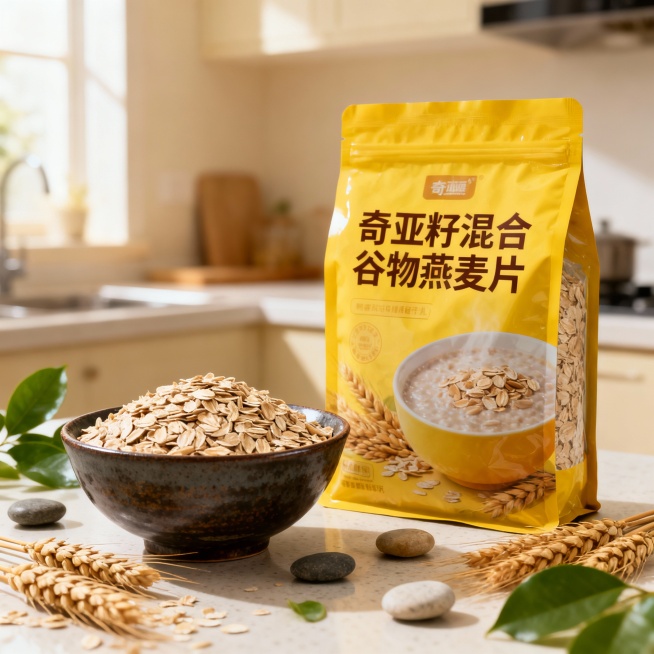 商业产品摄影，“GAODING”品牌的”奇亚籽混合谷物燕麦片“黄色包装袋置于厨房台面上，左侧摆放一个装满生燕麦片的深色陶瓷碗，周围散落小麦穗、绿叶、鹅卵石作为点缀，背景是温暖柔和的浅色厨房，整体光线明预览效果