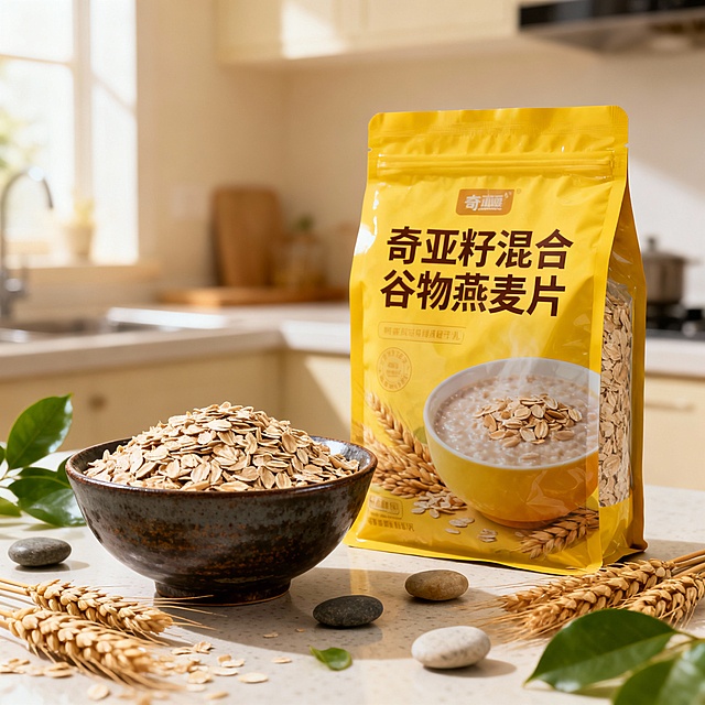 商业产品摄影，“GAODING”品牌的”奇亚籽混合谷物燕麦片“黄色包装袋置于厨房台面上，左侧摆放一个装满生燕麦片的深色陶瓷碗，周围散落小麦穗、绿叶、鹅卵石作为点缀，背景是温暖柔和的浅色厨房，整体光线明亮柔和，营造健康自然的早餐氛围，画面构图层次分明，色彩温暖舒适，高清晰度，8K，写实风格，商业广告级质感