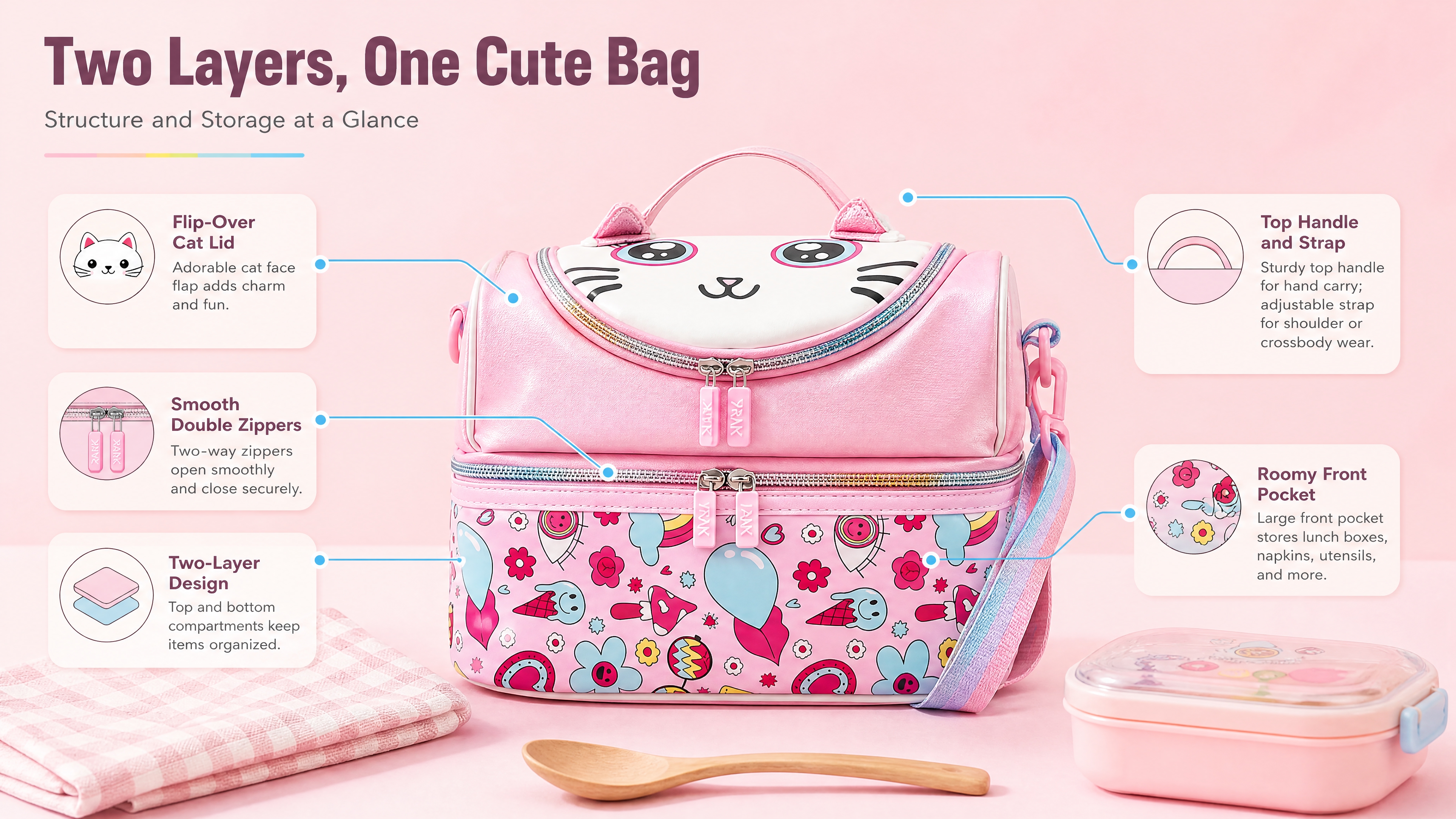[商品] 使用【图1】粉色卡通猫双层保温便当包：保留猫脸翻盖、… - 图片创意预览