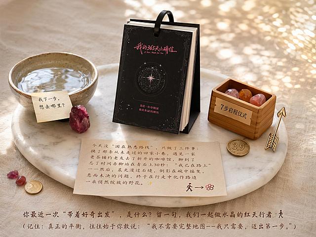 「图片1」用图中的日历给我做个图。日历： 立于纯白大理石托盘中央。
左侧（“出发区”）：
1个粗陶浅碗（盛清水，水面平静，倒映微光）
1张米色便签压碗沿，手写：“我下一步，想去哪里？”
1枚红宝石原石置于便签旁（表面天然包裹体，未抛光）
右侧（“回响区”）：
1个再生竹制小盒（标签：“7步启程仪式”），内装3颗暖色小石
1枚金质小箭头模型（2cm，镂空）斜靠在盒旁
1枚金币置于石旁，刻“3,9”
前方（触发点）：
米色卡纸，手写（小红书体）：
“今天没‘困在熟悉路线’，只做了三件事：
换了那条从未走过的回家小巷，遇见一家老茶铺
约老友去了新开的咖啡馆，聊到忘了时间
赤脚站在青石上30秒：‘我已在路上’
——然后, 晨光漫过石缝, 倒影在碗中摇曳, 悬而未决的问题, 终于在行走中化作路边一朵悄然绽放的野花。”
（末句加✨，右下角手绘简笔箭头符号与“🚶→🌸”出发-回响箭头）
背景细节：
米色亚麻桌布0000，纹理温润
左下角散落2粒红宝石碎石 + 1枚金币
右上角投射出模拟晨光斑驳的柔焦金斑（可用LED灯+蜂窝滤镜营造）
底部引导语（霞鹜文楷GB｜小红书互动话术）：
你最近一次“带着好奇出发”，是什么？
留一句，我们一起做水晶的红天行者 🚶‍♀️
（记住：真正的平衡，往往始于你敢说：“我不需要完整地图——我只需要，迈出第一步。”）