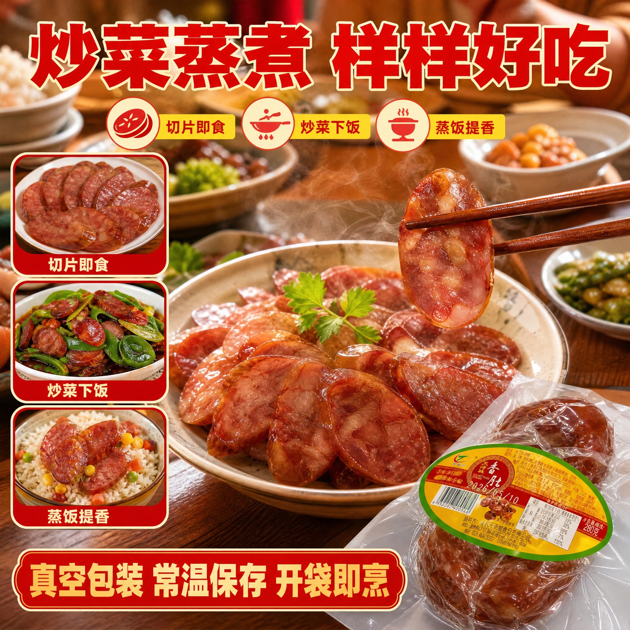 [主图-4] 食用场景图，主题为家常佐餐多种吃法，展示香肚腊肠… - 图片创意预览