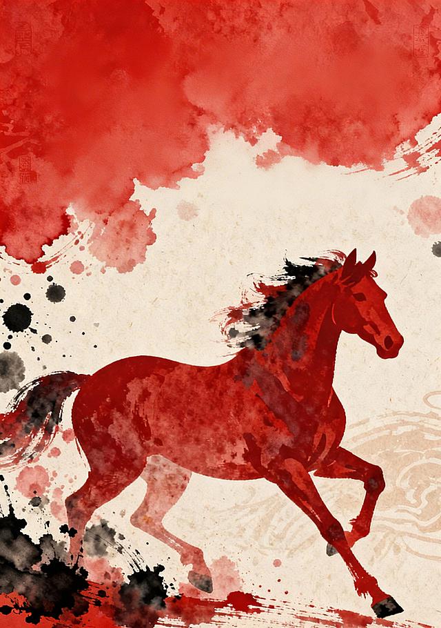 新年题材海报，整体为红色色调，融入书法墨水元素，充满浓郁年味。海报顶部是飘逸江湖书法风格的标题"笔墨书年味 骏马贺新春"，整体设计大气喜庆，传统中国年氛围