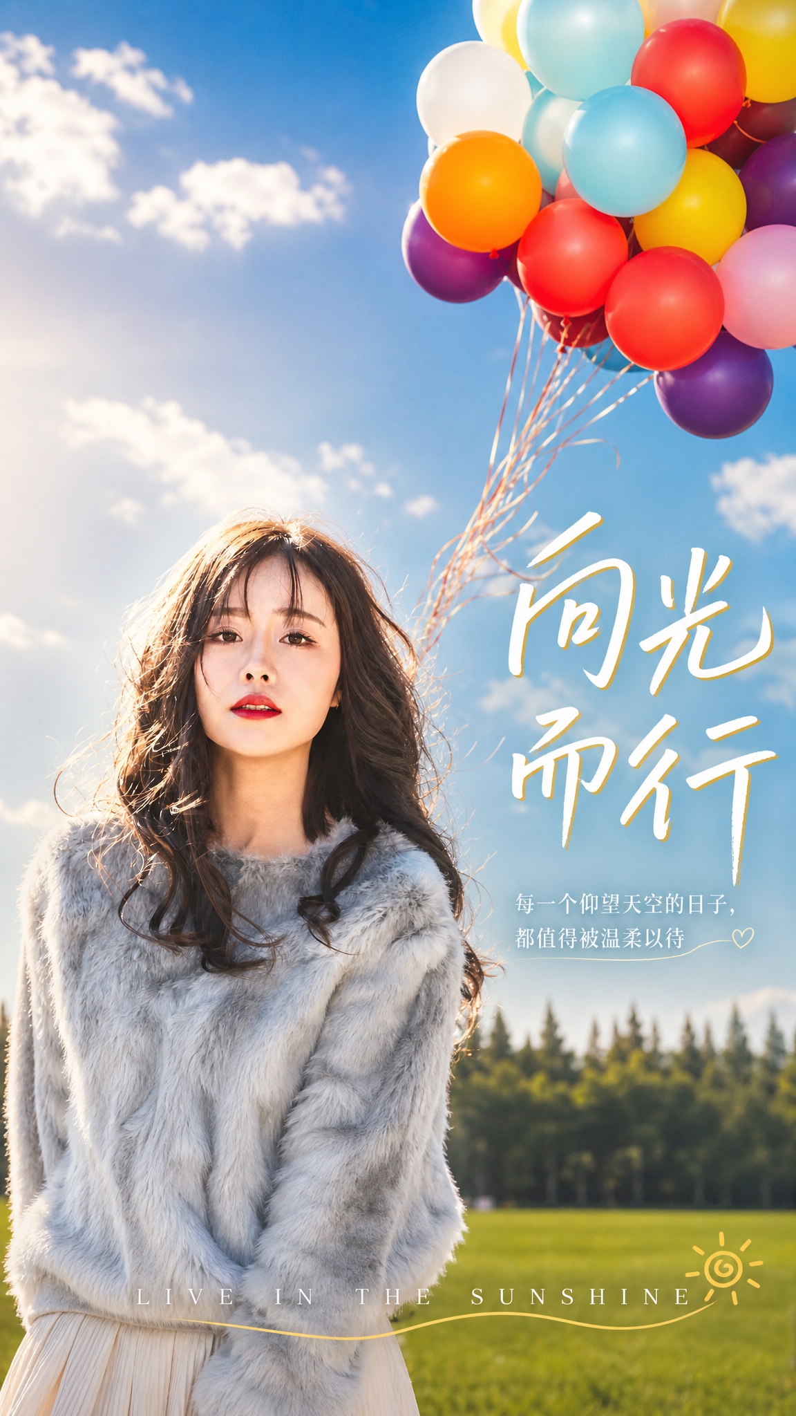 一张治愈系人物海报，9:16竖版。画面主体是图2中的年轻女性（… - 图片创意预览