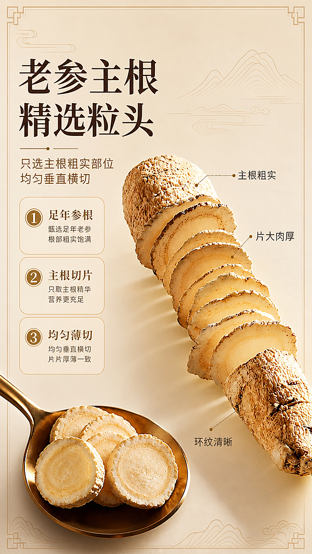 [商品] 使用【图4】老参主根切片图；保留参根形态、参片切面、环纹、颜色、金色勺子；清晰化切片层次与纹理，不改变商品原貌。
[画面] 页面目标：工艺选料展示，突出精选主根粗实部位、均匀垂直横切的严苛工艺。构图：左文右图结构，左侧文案区，右侧主体为整根参均匀切片堆叠展示，参根斜向摆放；左下角金色小勺盛参片；产品占画面约55%。背景：暖米色纯净背景，融入简约中式线条装饰；3层视觉：前景小勺参片、中景参根主体、后景浅淡工艺示意线条。
[视觉] 套系策略：风格=中式温润滋补风 高级商业摄影；标题字=宋体粗体 典雅厚重；正文字=简洁无衬线体 清晰易读；主色=暖米棕+浅金；背景延展=基于暖米棕做深浅渐变、同色系层次、细腻宣纸/木纹质感；强调色=深棕金色，仅用于小面积图标、引线、标签和装饰线条；标题色=深棕；正文色=中暖棕；组件=圆角浅底信息卡、细线引线、中式边框装饰；光影=左前侧暖柔光，柔和阴影，温润通透。
[文字] 左侧主标题：老参主根 精选粒头；副标题：只选主根粗实部位 均匀垂直横切；下方3个编号卖点：① 足年参根 ② 主根切片 ③ 均匀薄切；右侧引线标注3处对应参根部位；文字全部横向排版，位于画面左侧，不遮挡参根主体；字号保证手机端清晰可读。
[规格] 图片比例9:16竖版，4K分辨率，负向提示：避免变形、错字、文字过小、冷蓝/冷灰背景、参片颜色失真、医疗功效宣称、绝对化用语。
