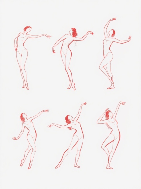 红色线条勾勒的女性人体动态速写，6个完全不同造型的同系列素材集合，规整排布于纯白色纯色背景上，保持流畅舒展的肢体语言、精准的人体比例结构、富有张力的舞蹈姿态，线条粗细变化自然，笔触灵动飘逸，展现出不同角度的动态美感，整体风格统一为简约速写风，画面干净整洁无其他元素干扰。预览效果