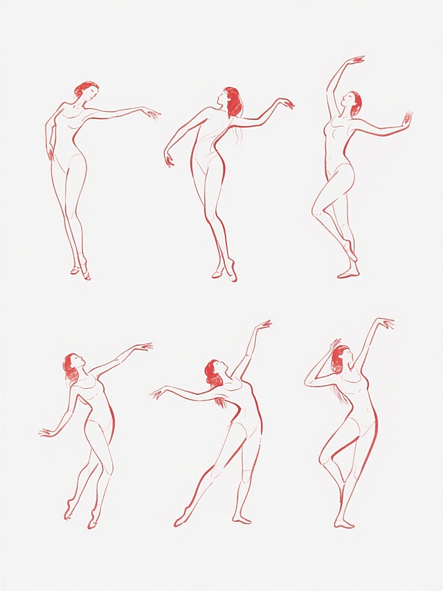 红色线条勾勒的女性人体动态速写，6个完全不同造型的同系列素材集合，规整排布于纯白色纯色背景上，保持流畅舒展的肢体语言、精准的人体比例结构、富有张力的舞蹈姿态，线条粗细变化自然，笔触灵动飘逸，展现出不同角度的动态美感，整体风格统一为简约速写风，画面干净整洁无其他元素干扰。