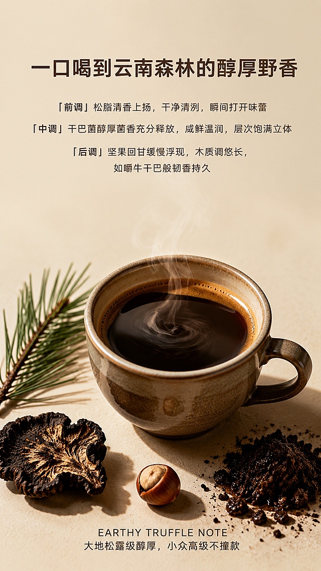 「图片1」，# 干巴菌挂耳咖啡 详情页写实版图文一体提示词（纯文字）
## 整体统一规范
全部为竖版9:16电商详情页比例，高端商业美食写实摄影风格，统一大地暖棕色调，柔和侧逆光为主，8K超高清分辨率，专业商业精修，画面干净高级；所有卖点文字均为简洁无衬线字体，深棕色/米白色适配背景，排版规整不遮挡主体，图文融合自然高级。

## 通用负面提示词（所有图末尾统一追加）
卡通、动漫、插画、手绘、3D渲染、人物出镜、色彩鲜艳刺眼、塑料廉价质感、画面杂乱、文字错乱、水印、脏污、过度曝光、像素模糊、虚假食材、违和摆件、字体变形、文字错字

---

## 模块1：首屏主KV海报
竖版9:16电商详情页构图，高端商业美食摄影；画面视觉中心摆放一盒年约干巴菌挂耳咖啡（白色包装盒，盒身印有深棕色干巴菌图案与中文品名），包装盒周围自然散落新鲜野生干巴菌、烘焙深棕咖啡豆、几根云南松针；背景是朦胧虚化的云南松树林，清晨丁达尔光束穿过枝叶斜洒下来，地面带湿润泥土质感；暖调侧逆光，明暗层次丰富，大地棕+松绿+米白低饱和配色，野生珍稀氛围感拉满；大景深背景虚化，主体清晰锐利；画面顶部大面积留白处配有大号加粗主标题文字「干巴菌咖啡·云南限定珍稀风味」，主标题下方是稍小字号的副标题文字「菌中钻石 × 精品挂耳 | 定向菌种发酵 无香精原生野香」，画面底部配有三个圆角浅棕标签，文字分别为「100%纯咖啡豆研磨」「野生菌风味复刻」「市面独款创新」；字体为简约商务无衬线体，深棕色，排版居中对称，高级大气；8K超高清，微距食材肌理，电影级光影，专业商业精修，高级稀缺质感

## 模块2：核心价值开篇
竖版9:16构图，高端商业静物摄影；米灰色哑光质感背景；画面左侧放置干巴菌咖啡包装盒，右侧呈三角布局摆放三样核心元素：一朵完整的新鲜干巴菌、一小堆精品烘焙咖啡豆、一个透明玻璃培养皿（内含发酵菌种液体）；柔和均匀顶光，无影调高级感；深棕+米白+浅金统一色调，质感沉稳；画面右侧大面积留白区域，顶部配有加粗标题文字「不是香精调味，是生物发酵的原生风味」，标题下方分三行排列卖点文字，每行前带棕色圆点标识：「食材稀缺：取材云南野生干巴菌，千元一公斤的『菌中钻石』」「技术创新：专属菌种定向发酵，风味自然生成，无廉价香精感」「品类独款：国内首款干巴菌风味挂耳咖啡，差异化记忆点极强」；字体为简约无衬线体，深棕色，左对齐排版，清晰易读；8K高清，食材肌理真实细腻，图文融合高级

## 模块3：原料溯源·干巴菌稀缺价值
竖版9:16构图，自然纪实微距摄影；雨后云南松树林地面实景，一朵野生干巴菌生长在松针、松果与湿润褐土之间，菌盖表面带自然肌理和细小水珠，周围散落少量枯松针；雨后漫射自然光，轻薄雾气氛围感，清冷湿润的森林气息；深褐+松绿+土黄原生自然色调；低角度拍摄，突出干巴菌独特质感；画面左侧大面积留白区域，顶部配有加粗标题文字「菌中钻石，云南雨季的限定馈赠」，标题下方分三行排列卖点文字：「云南独有野生菌种，仅每年7-9月雨季出产，完全无法人工栽培」「自带松脂、腊质、泥土复合奇香，是滇菜高端待客的顶级食材」「优质品级市场价数千元/公斤，珍稀度拉满，风味辨识度无可替代」；字体为简约无衬线体，米白色带轻微阴影，左对齐排版，与背景融合不突兀；8K高清，细节丰富，真实原生质感，电影感森系氛围

## 模块4：核心技术·定向菌种发酵
竖版9:16构图，极简生物实验室写实风格；纯白色洁净实验台背景；画面中心偏下位置摆放一个透明玻璃培养皿，内部是咖啡发酵菌种菌落，旁边整齐摆放2颗精品烘焙咖啡豆、一支微量移液管；冷调柔和无影光，干净专业的实验室质感；浅棕+淡金+米白低饱和配色，高级不晦涩；居中对称构图，严谨整洁；画面上方大面积留白区域，顶部配有加粗标题文字「专属菌种定向发酵，风味稳定可控」，标题下方分四点排列卖点文字，每行前带数字序号：「1. 风味定向生成：从优质发酵环境筛选功能微生物，精准代谢出干巴菌特征香气，层次自然不突兀」「2. 批次品质一致：取代自然发酵的随机性，每一批风味、口感高度统一，无杂味、无缺陷豆」「3. 全程安全可控：定向菌种抑制杂菌生长，发酵过程标准化，饮用更安心」「4. 无香精添加：纯生物代谢生成风味，拒绝人工香精的廉价刺激感」；字体为简约无衬线体，深棕色，居中对齐排版，专业严谨；8K高精度，科学写实质感，通透干净，专业权威感

## 模块5：风味品鉴·口感分层呈现
竖版9:16构图，高端美食特写摄影；浅米色哑光背景；画面中心偏下位置是一杯刚冲好的黑咖啡，咖啡液面带自然油脂光泽，冒着细腻热气；咖啡杯周围自然摆放对应风味的真实食材：一小枝松针、一小块干巴菌、一颗榛子、一小撮湿润黑土；暖调柔和侧光，食材质感立体；大地棕+暖金+松绿同色系色调；画面上方大面积留白区域，顶部配有加粗标题文字「一口喝到云南森林的醇厚野香」，标题下方分三行排列分层卖点文字，分别标注前调、中调、后调：「「前调」松脂清香上扬，干净清冽，瞬间打开味蕾」「「中调」干巴菌醇厚菌香充分释放，咸鲜温润，层次饱满立体」「「后调」坚果回甘缓慢浮现，木质调悠长，如嚼牛干巴般韧香持久」，画面底部配有小字英文标注「EARTHY TRUFFLE NOTE 大地松露级醇厚，小众高级不撞款」；字体为简约无衬线体，深棕色，居中排版，层次清晰；8K高清，微距细节，咖啡与食材肌理清晰，高级通透

## 模块6：产品品质·挂耳细节展示
竖版9:16构图，专业产品写实摄影；纯白色洁净背景；画面主体偏下位置为一个拆开的挂耳咖啡包，挂耳稳稳架在白瓷杯沿，深棕色咖啡液正匀速滴落进杯中，液面泛起细密涟漪；旁边斜放完整的产品外盒与一袋未拆封的独立挂耳包；柔和均匀顶光，干净明亮无杂影；对角线构图，留白充足；深棕+米白统一色调；画面上方大面积留白区域，顶部配有加粗标题文字「精品级标准，每一杯都稳定安心」，标题下方分四行排列卖点文字，每行前带棕色对勾标识：「100%烘焙咖啡豆研磨，无植脂末、无香精、无额外添加」「独立充氮锁鲜小包装，隔绝氧化，开袋即享现磨级口感」「标准挂耳形态，免器具、30秒冲泡，办公差旅随时享用」「专属烘焙曲线适配风味，醇厚不苦涩，日常饮用无负担」；字体为简约无衬线体，深棕色，左对齐排版，清晰直观；8K超高分辨率，包装细节、咖啡液质感清晰真实，突出精品挂耳的品质感与便捷性