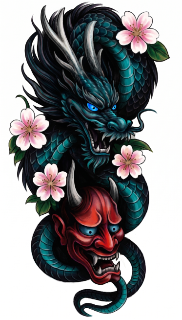 重新生成：将龙和般若纹身线稿渲染为鲜艳彩色擦画，龙鳞片墨黑渐变深青，龙的双眼调整为明亮纯蓝色，般若主体红色渐变深红色尖角灰白色，四朵樱花花瓣白渐变粉色，花心浅棕叶片深绿，保持竖向构图纯白色背景，擦画晕预览效果