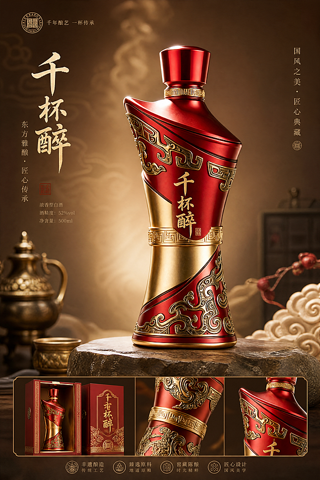 生成千杯醉白酒品牌包装设计提案，展示以参考图瓶身造型为基础，红金配色，带有中式回纹和卷曲云纹浮雕装饰的白酒瓶包装，整体呈现高端国风质感，在柔和质感背景上摆放，展示完整设计方案，添加品牌名称“千杯醉”