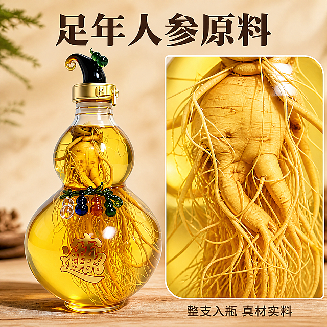 [主图-4] 人参完整原料展示
[氛围风格] 天然原生态，突出原料品质
[画质] 商业摄影质感，光线柔和通透，产品清晰真实，画面干净高级
[元素] 画中画版式，左侧为主产品整瓶人参酒，保持原有外观造型颜色，右侧特写放大展示瓶内整支长白山人参，人参须根完整清晰，根须饱满纹理自然。产品主体保持和原图绝对一致，仅放大展示人参细节。商品整体布局均衡，主体占比合理，左侧大右侧小，清晰区分主次
[光影] 自然光整体照明，特写部分光线更亮，突出人参纹理细节，整体光影统一自然
[配色] 主色调为酒液金黄和人参米黄色，背景浅棕木纹，整体自然暖调
[视角构图] 左侧整瓶平视，右侧特写平视，双框构图，版式清晰
[文字版式] 顶部横排大字文案“足年人参原料”，深棕色粗体；右下角小字标注“整支入瓶 真材实料”，清晰易读，不遮挡产品主体
[比例分辨率] 1:1 比例，2K 分辨率，文字清晰锐利，超高清
[负向提示词] 变形，水印，文字错乱，产品图模糊，背景杂乱，颜色失真