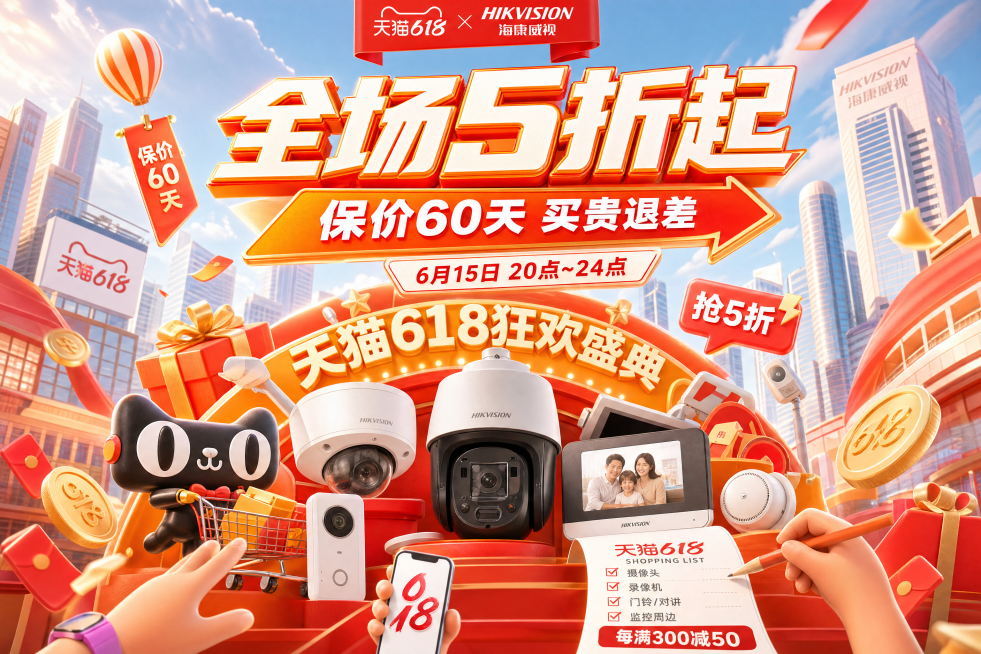 参考原图片风格，重新生成海康威视天猫618促销海报，保留文案信息：全场5折起，保价60天 买贵退差，6月15日20点~24点，天猫618狂欢盛典，抢5折，每满300减50，整体使用3D电商促销风格，暖预览效果