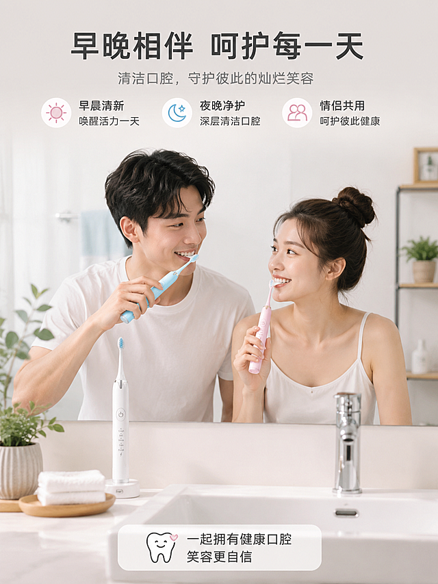 电动牙刷电商详情页第四屏，展示使用场景：卫生间洗漱台日常清洁，早晚使用，情侣共用场景，温馨干净的家居氛围，自然真实的场景图设计
